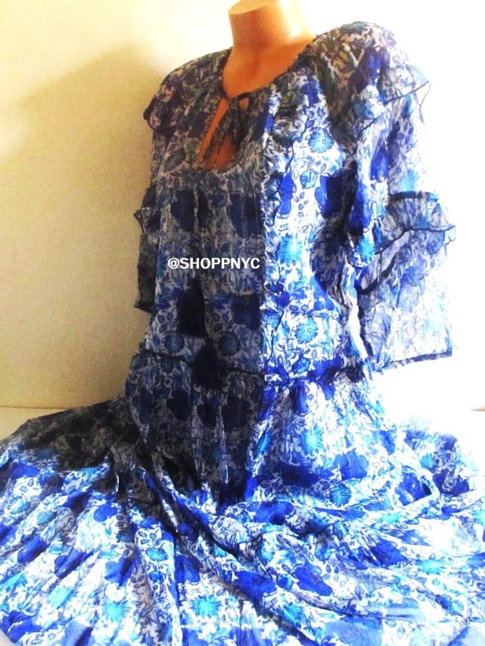 Debbie Katz Chiffon Midi Dress LARGE (12-14) Blue Paisley Tiered Flowy Boho $105